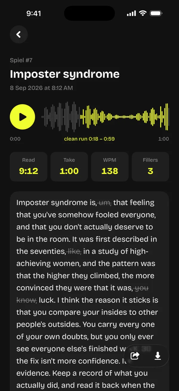 The transcript screen: a spiel's transcript with the filler words struck through, and the read, take, words and fillers counts above it